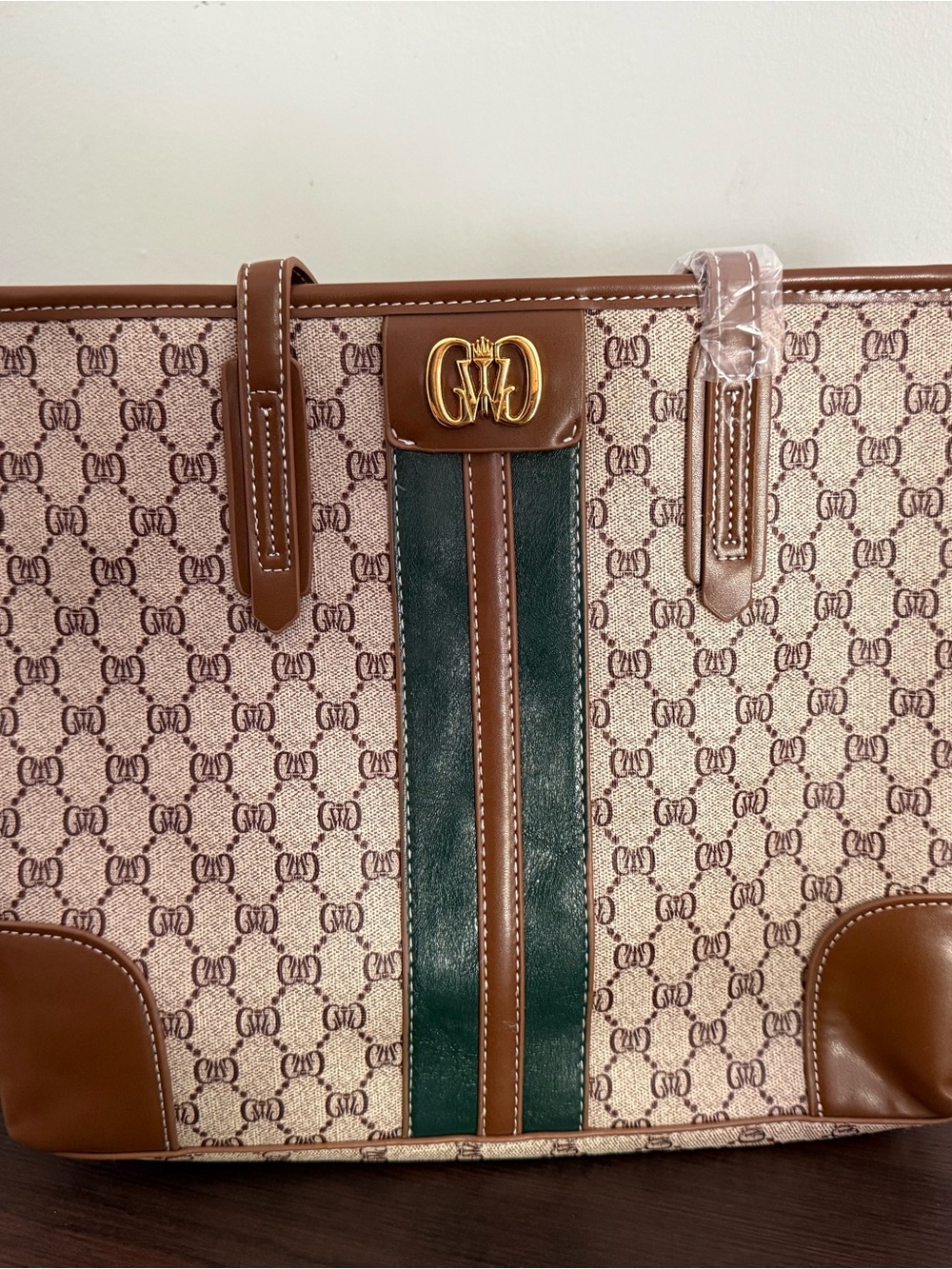 Designer-Inspired Brown & Green Monogram Tote Bag